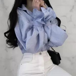 여성용 봄 여름 루즈핏 스트라이프 벌룬 셔츠