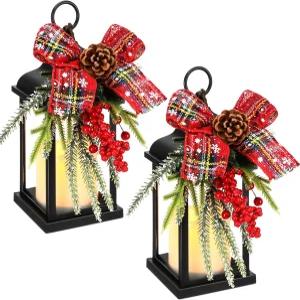 크리스마스 파티를 위한 Kittmip 2개 랜턴 눈 장식 글로브 현관 10인치 촛불 깜빡이는 LED 불꽃 없는 양초