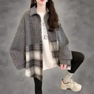 [하프클럽/]여성 일상 캐주얼 루즈핏 기모 체크 셔츠