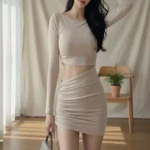 [하프클럽/셀러허브_여성트랜드패션]여성 보트넥 긴팔 셔링 허리트임 미니