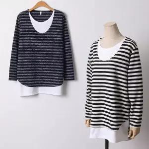 [하프클럽/]빅사이즈 601 이중배색줄지롱티셔츠 DMNF543