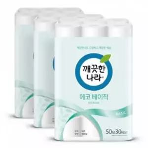 깨끗한나라 화장지 에코베이직 2겹 50m 30롤 x 3팩 잘풀리는집 크리넥스 순수 프리미엄 코디