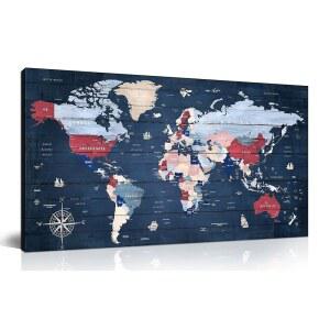 사무실용 ZHAOSHOP 블루 월드 맵 월 아트 - 벽용 대형 캔버스 스트레치 앤 프레임으로 크기 40인치 x 20인치