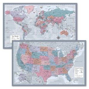 2팩 - 세계 지도 포스터 및 미국 차트 [보라색] (라미네이트, 18인치 x 29인치)