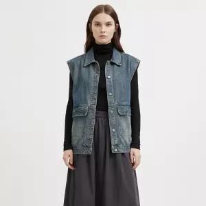 여성 카라넥 루즈핏 캐주얼 빈티지 데님 조끼 NARU-WVS-21049-중청