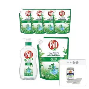 프릴 주방세제 그린파워 알로에베라 용기, 700ml, 1개 + 리필, 1L, 5개  + 증정 (버블버블 일회용 롤 수세미 28장(롤형),1개)
