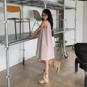 여자 배색 스트라이프 면혼방 미니 나시 원피스