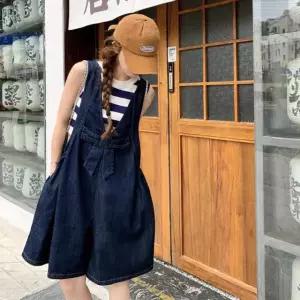 스타일리시 여성 데님 오버롤 멜빵바지 루즈핏 청반바지 진청 데님블루 업그레이드 S