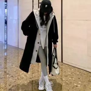 ( )여성 여자 겨울 뽀글이 후리스 후드 롱 코트 아우터 블랙