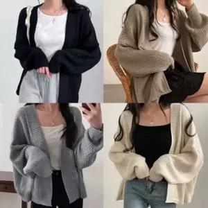 여성 베이직 디자인 루즈핏 간절기 도톰 니트 가디건가을느낌 카디건 볼레로 브이넥 빈티지 할머니 코디 레