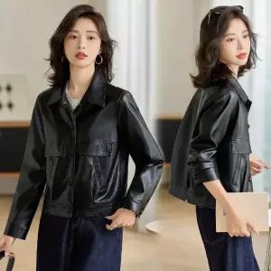 무천도사 여성 여친 자켓 가죽 양 쇼트 재킷 가을 겨울 터틀넥 코트 웨어 KKE4