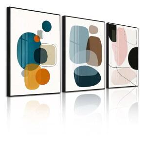 3Pcs 모던 추상 캔버스 월 아트, 대형 아트 블랙 메탈 프레임 화이트 블루 오렌지 컬러 그레이 및 기타 블록 포스터 거실 침실 사무실 홈 데코레이션 16X24IN