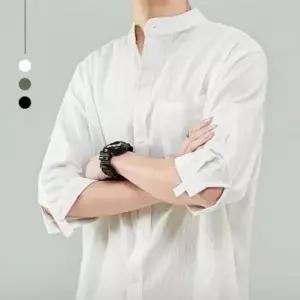 [골드스마일]린넨 소재 헨리넥 반팔 남성 셔츠 여름용 루즈핏 7부 남방