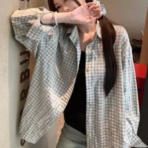 여성 캐주얼 빈티지 남방 루즈핏 긴팔 롱 체크 셔츠