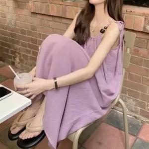 셔링 포인트 링클프리 끈나시 롱 드레스