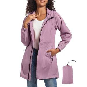 사피로즈 여성용 롱 패커블 달린 레인 레인코트 야외 후드가 방수 바람막이 가벼운 재킷