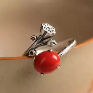 홍옥수 원석 카닐리언 연꽃 빈티지 S925 실버 반지 장신구