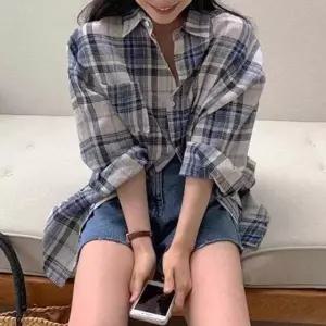 여성 루즈핏 데일리 체크셔츠 남방 캐주얼 블루