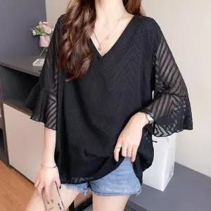블라우스 여름 브이넥 셔링 루즈핏 블랙 반팔 여성 WFLNV1A