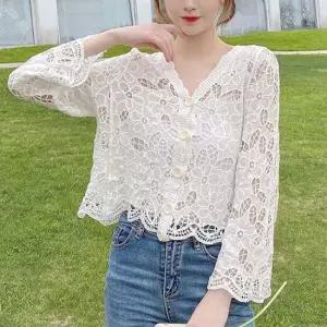 여성 여름 봄 뜨개 크로셰 니트 긴팔 가디건 화이트 여름가디건