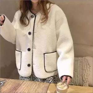 여자 인조양털 외투 3컬러 뽀글이 배색 겨울 라인 라운드넥 아우터