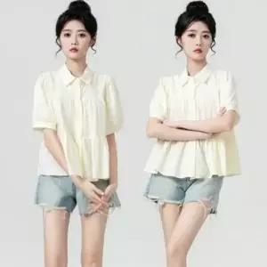 셔링 블라우스 여성 반팔셔츠 가오리 반팔 퍼프 WFLPSM8
