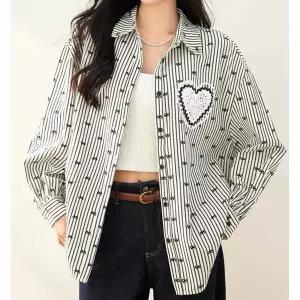 [하프클럽/]리본도트 하트패치 셔츠블라우스 E3ADC5