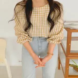 [하프클럽/]여성 벌룬소매 체크 블라우스 잔고방체크 큐트 셔츠