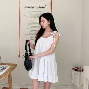 KHO469D서알렉 민소매 숄더 여성 원피스 여리 스프링 프릴캉캉 매듭 스트랩