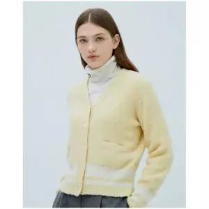 [85사이즈 특가] [헤지스] HAZZYS 여성 옐로우 라인배색 울혼방 브이넥 가디건 HSSW2D002Y1