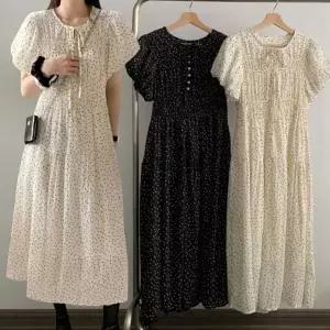 [옷자락]여자 폴리 도트 퍼프소매 루즈핏 미디원피스