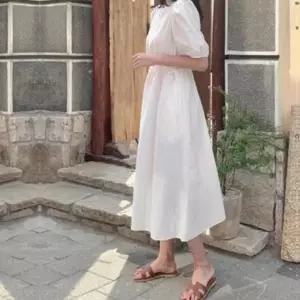 [옷자락]여성용 미디 원피스 볼륨 퍼프 소매 허리 조절 스트링 데일리 드...