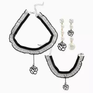 N+E+B 은침 장미 레이스 초커 세트 입체꽃 드롭 체인드롭 사랑스러운