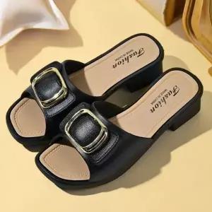고급 세련 스타일 여성 오픈토 버클 미들힐 슬리퍼-WFIJZIH
