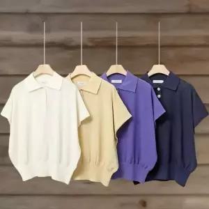 여성용 반팔 오버핏 카라넥 린넨 혼합 니트