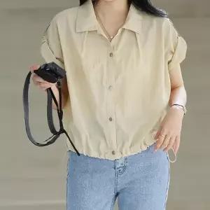 여성 여름 버튼 스트링 셔츠 비대칭 디자인 무지