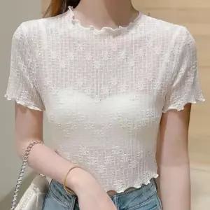 여성 크롭 반팔 티 꽃무늬 물결넥 세미 시스루