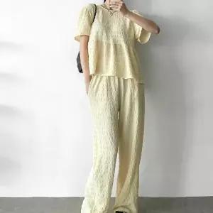 여자 프릴 반팔티 투피스 와이드팬츠 노랑색 세트