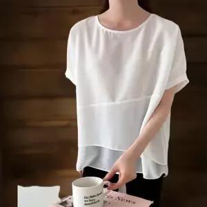 여성 여름 반팔 블라우스 쉬폰 레이어드 핀턱 힙커버