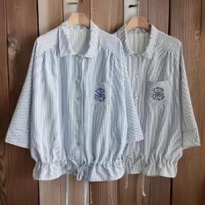 여성 카라넥 자수포켓 스트라이프 허리 스트랩 셔츠
