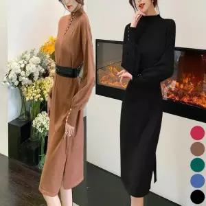 원피스 롱 니트 소매단추 반목 니트 하프넥 긴팔 슬림