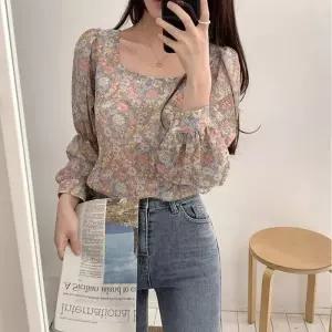 여자 블라우스 플라워 패턴 소매 청순 퍼프 스퀘어넥