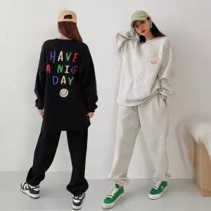 여성 봄 가을 면 나염 긴팔 롱 티셔츠 조거팬츠 트레이닝 세트 PST0143S 빅사이즈 루즈핏