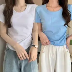 [골드스마일]여성 라운드넥 크롭 셔링 반팔 티셔츠 발레리나 리본포인트