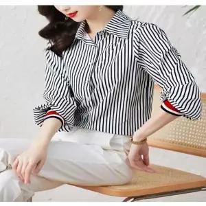 [하프클럽/셀러허브_여성트랜드패션]시보리 손목 남방 셔츠 출근 줄무늬 F90