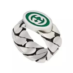 MUST IT_ 백화점AS가능) 케이스+쇼핑백포함)선물포장 인터로킹 G 링 실버 그린 반지 753490 8414