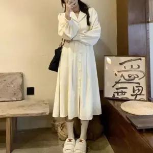 [오노마] ONM 뒷밴딩 핏 진주단추 코듀로이 카라 넥 롱 원피스 (S12075511)