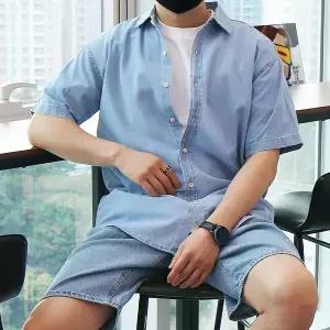 [우기브로]WBO 남자 빅사이즈 워싱 데님 반팔 남방