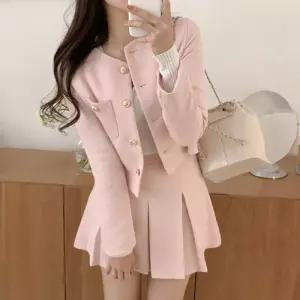 (자켓스커트세트/하객룩/데이트룩) 미뉴엣 노카라 트위드 자켓 스커트 셋업 투피스 st2568