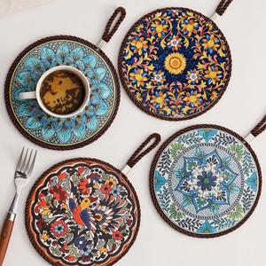 포슬린페인팅 냄비받침대 북유럽느낌 도자기 인테리어소품 만다라타일 4종